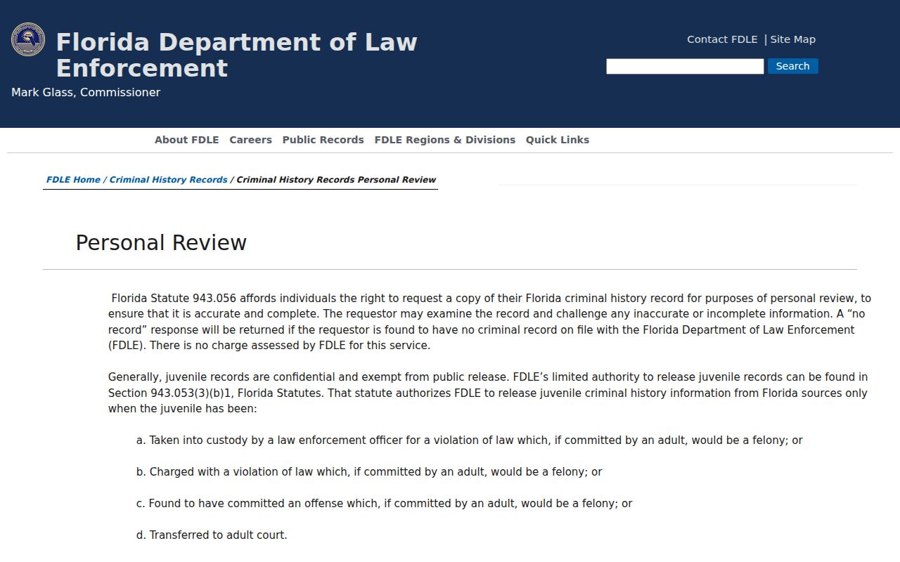 FDLE personal review for a Polk County criminal record