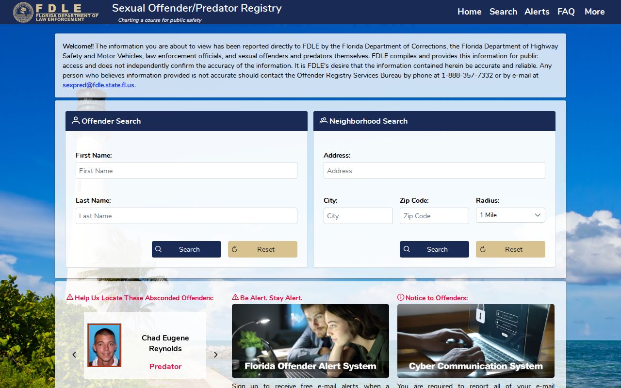 Polk County sex offender search on the FDLE registry home